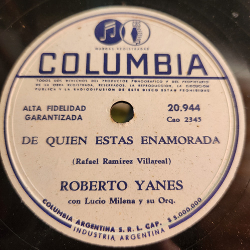 Pasta Roberto Yanes Con Lucio Milena Orq Columbia C589