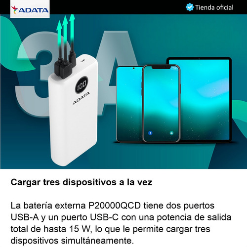 Imagen 5 de 10 de Adata P20000qcd Power Bank 20000mah Carga Rápida Qc/pd, Blan