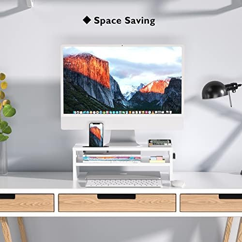 Soporte De Monitor De Madera Blanca De 2 Niveles Con Almacen