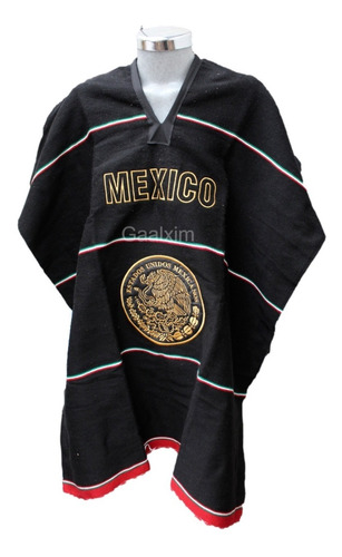 Jorongo Gabán Artesanal Bordado Escudo Mexicano Negro