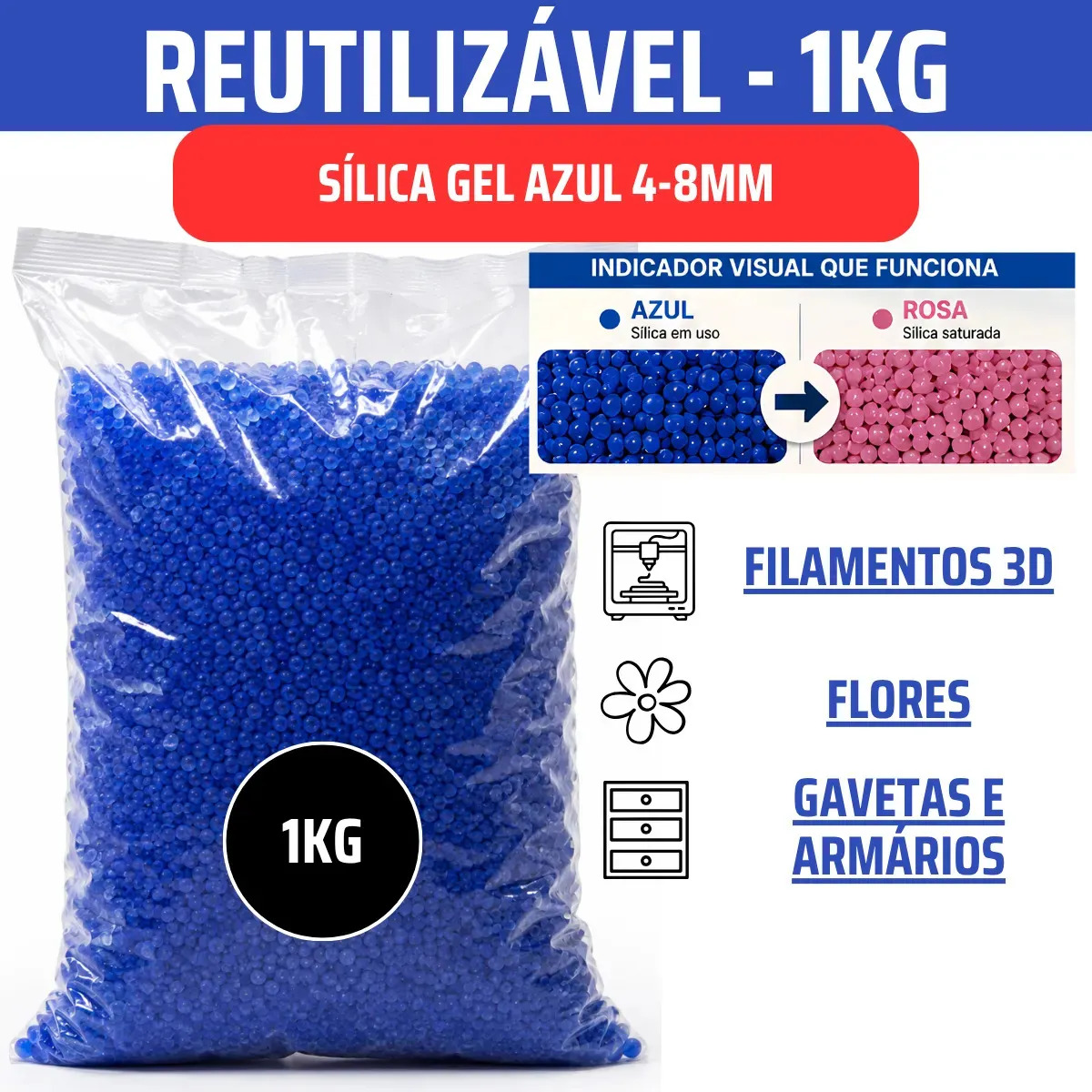 Sílica Premium Gel Azul 4-8mm 1kg Dessecante Umidade Mofo Filamento 3d Silica Anti Umidade Flor Laranja Branco Desumidificante Ozonio Desidratante Muda Cor Saquinho Sachê Mofo Anti