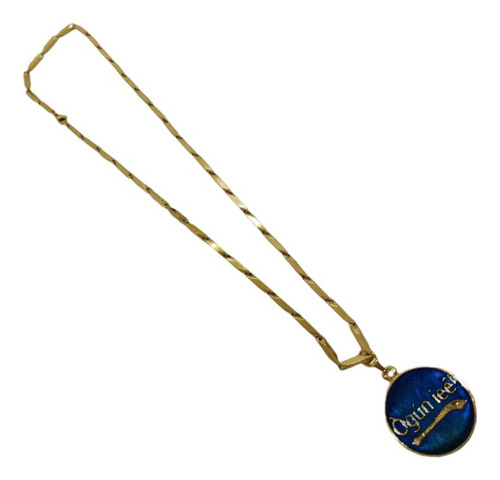 Colar Corrente Com Pingente Ogum 4 Cm Dourado Cor Azul E Vermelho