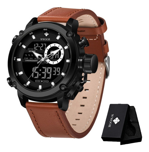 Reloj de pulsera Wwoor 8882P de cuerpo color negro, analógico-digital, para hombre, con correa de cuero color brown y black y hebilla simple