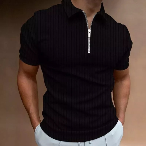 Camiseta Polo Para Hombre Con Rayas Y Cremallera 2024 Nuevo