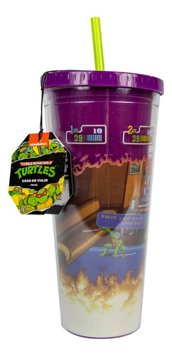 Vaso Con Popote Y Tapa De Plástico Tortugas Ninja 24 Oz Color Morado