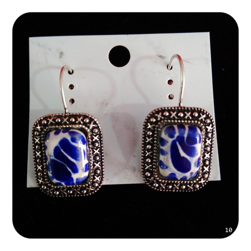 Imagen 2 de 2 de Aretes Talavera Poblana Azul Con Metal Acero M10 Artesania