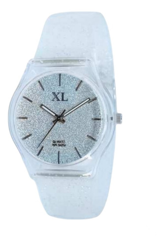 Reloj Mujer Xl Malla Transparente Con Glitters Plata R2219