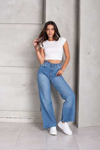 Jean Wide Leg Mujer Rigido Celeste Tiro Alto 323