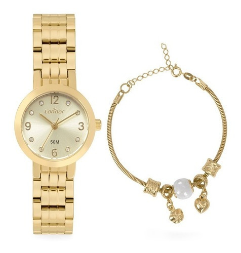 Relógio Feminino Condor Dourado Pequeno + Pulseira Berloques