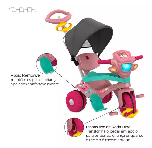 Triciclo Infantil com Capota - Passeio e Pedal - Rosa - Bandeirante