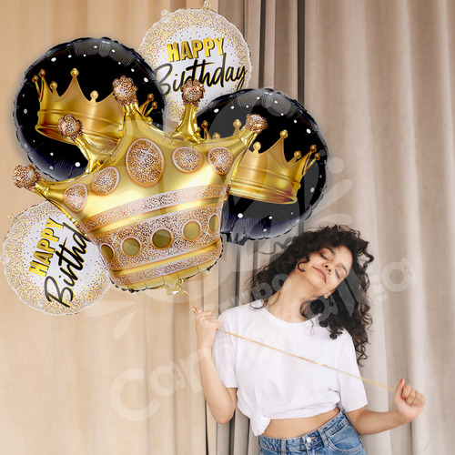 Kit 5 Globos Feliz Cumpleaños Corona Dorada Decoración Fiest