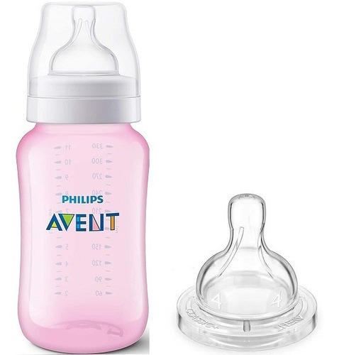 Kit Mamadeira Avent 330ml Rosa Bico N°3 + 1 Bico Extra N°4 Philips