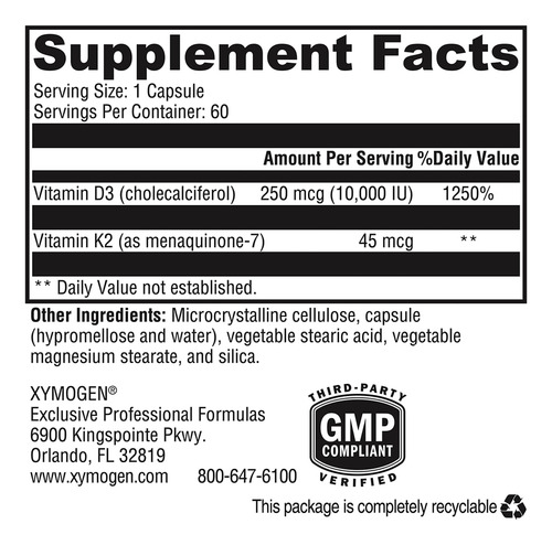 Xymogen K2-d3 10000 Ui Vitamina D3 K2 60 Cápsulas