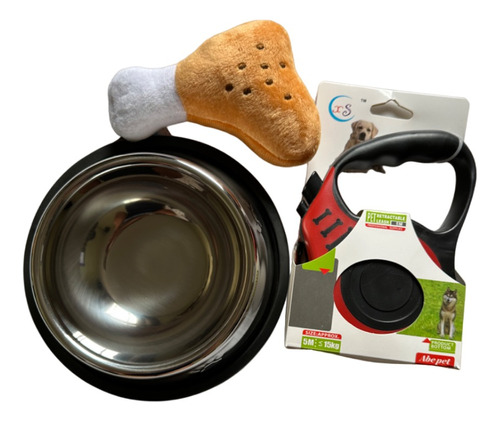 Kit Para Perro Chico Con Plato, Correa Retráctil Y Jueguete 