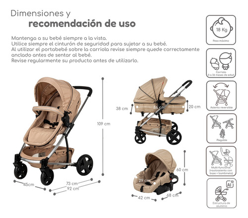 Carriola de Bebe Travel System de Paseo D'bebé Eclipse Color Beige Chasis Plateado