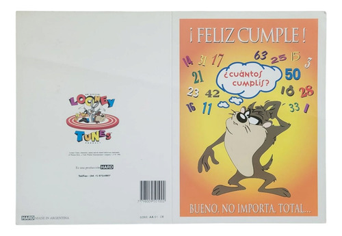 Tarjetas Looney Tunes Original 1996 Regalo Cumple Navidad Taz Cumpleaños