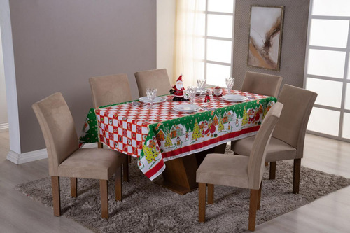 Toalha De Mesa Retangular Natal 4 Cadeiras Estampada Noite Feliz Tecido Oxford Linda Estampa Vermelha E Verde 1,50m X 1,50m
