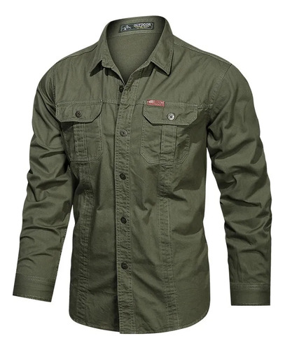 Camisa Militar De Manga Larga Con MĂșltiples Bolsillos Camisa