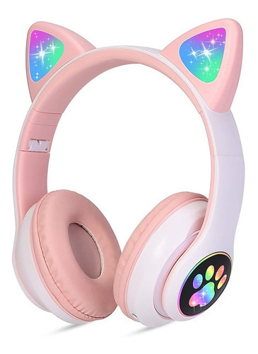 Diadema Audifonos Orejas De Gato Bluetooths 5.1 Led Ninos Color Rosa