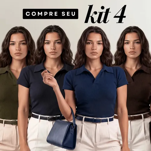 Kit 4 Camisa Gola Polo Feminina Canelada Manga Curta Lisa