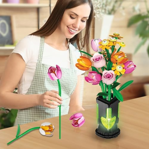 Insoon Juego De Construcción De Ramo De Flores Con Jarrón Y