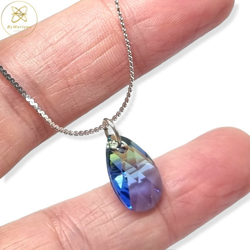 Imagen 4 de 7 de Cadena Plata Con Dije Gota Cristal Swa Azul/verde 10 X 16mm