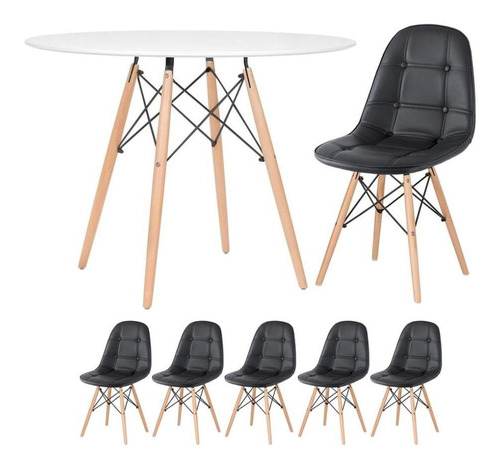 Mesa Jantar Eames 100 Cm + 5 Cadeiras Estofada Eiffel Botonê Cor Mesa branco com cadeiras preto