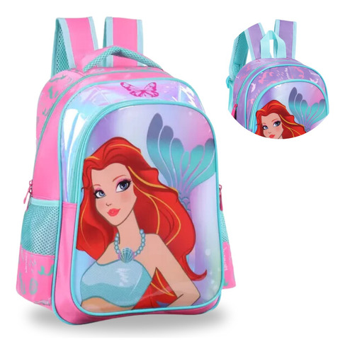 Bolsa Escolar Feminina Infantil Sereia Mermaid Costas Tam 16 Cor Rosa Desenho Do Tecido Liso