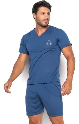 Pijama Masculino Manga Curta E Short Verão Dormir Bordado