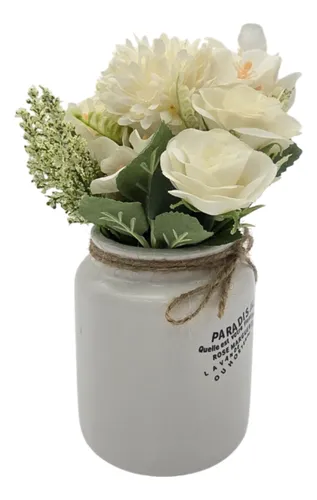 Planta Artificial Macetero Ceramica Blanco Con Hortensias