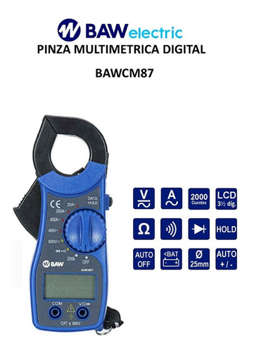 Imagen 2 de 10 de Pinza Amperimétrica Digital Baw Cm87