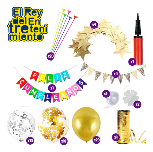 Set Globos Cumpleaños 74psc+carteles+ Hilo+ Infla N24 El Rey