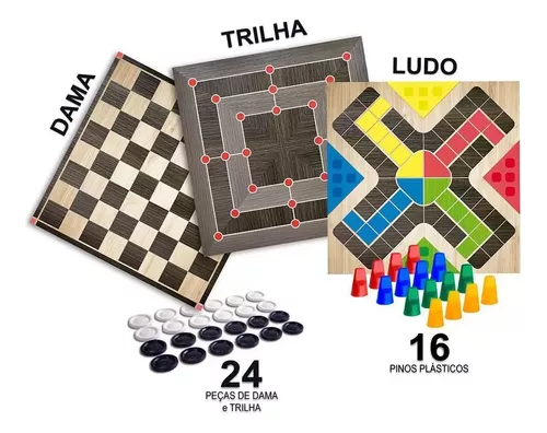 Jogos Damas Ludo E Trilha Caixa De Madeira Gala - 2212