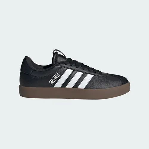 Tênis feminino Adidas VL Court 3.0 preto com listras brancas e solado marrom, visto de lado.