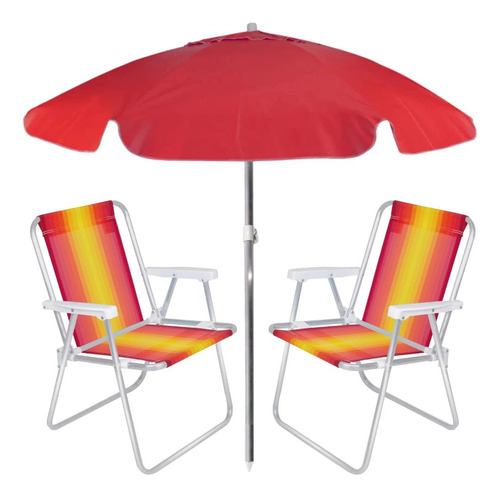 Kit Com Guarda Sol Vermelho 1,60 M E 2 Cadeiras De Praia