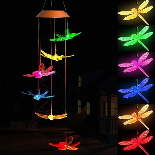 Imagen 2 de 3 de Campana De Viento Luz Solar Led Forma De Libelula Cd8115