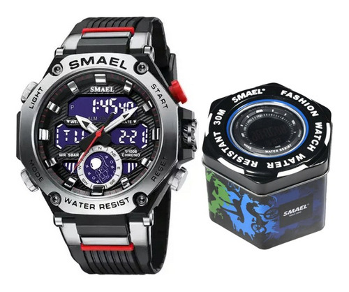 Reloj Deportivo Smael 8069 Negro / Plateado 50 M Hora Doble