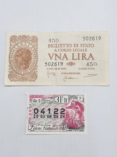 Antiguo Billete Lotería Italiano 1 Lira Mag 58848