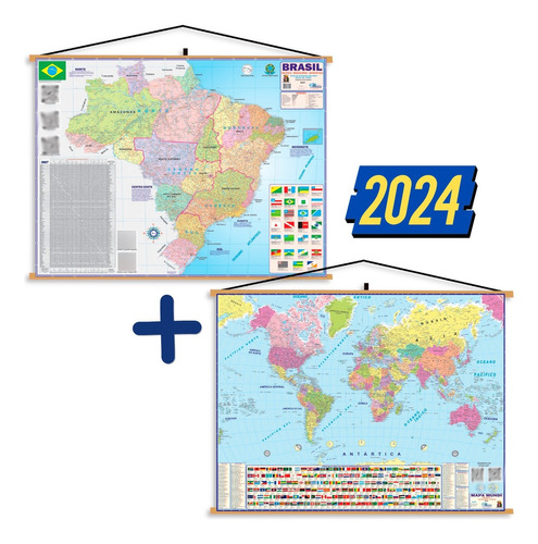 Mapa Brasil + Mundi Politico Geográfico Poster Banner Escolar Geografia Politico Pendurar