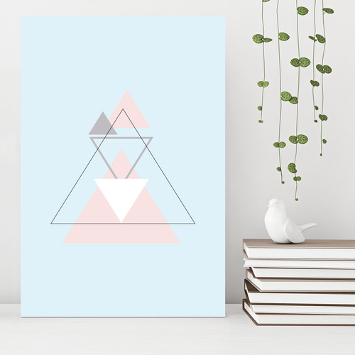 Placa Decoração Minimalista Triângulos Cinza E Rosa 30x40cm