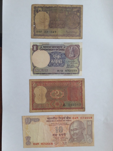 Billetes De La India:  1, 1, 2 Y 10 Rupias (otro Set)