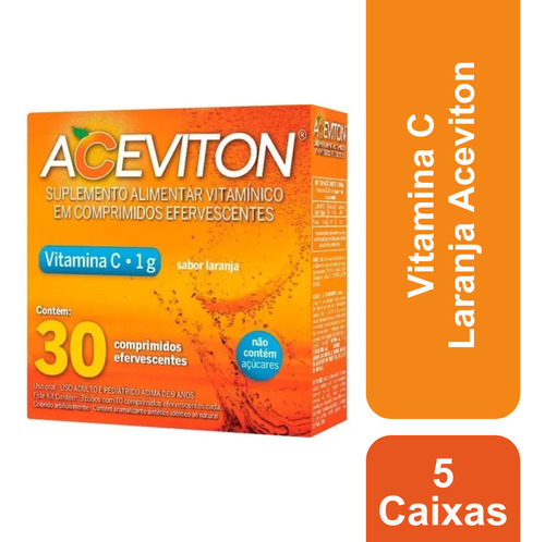 Vitamina C Com 5 Caixas de 30 Comprimidos Efervescentes Laranja Aceviton