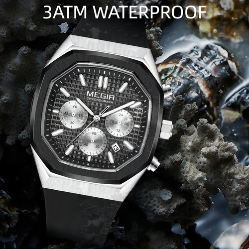 Reloj Cronógrafo Con Calendario Cuadrado Megir Color De La Correa Azul