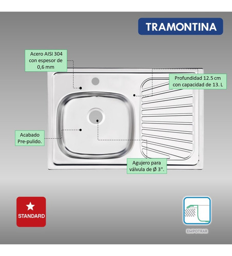 Fregadero De Empotrar Tramontina Standard 80x52x12.5 Cm Color Plateado