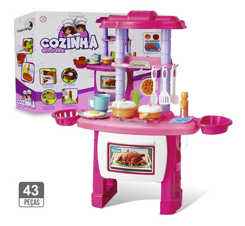 Cozinha Infantil Rosa Completa Com Fogão Forno