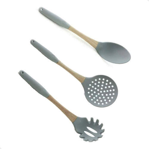 Utensílio Cozinha Colher Escumadeira Silicone Madeira 3 Pçs