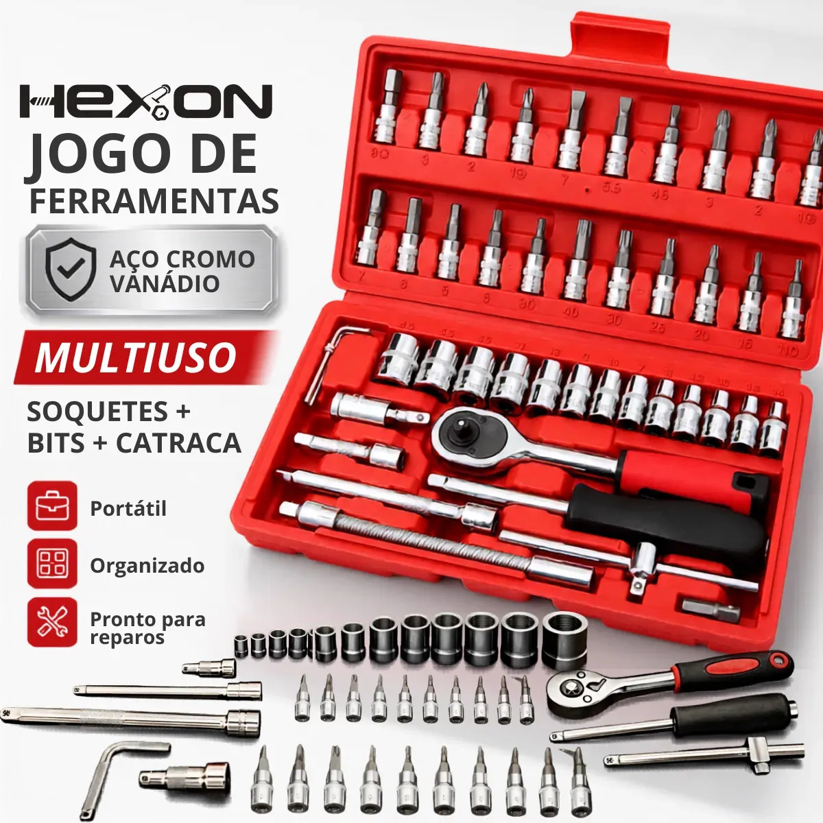 Kit Jogo Chaves Fenda Philips Catraca Soquete Allen Canhão 46 Peças Com Maleta Portátil Completa...