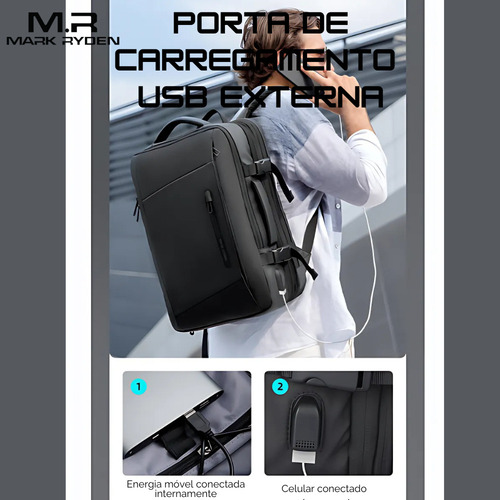Mochila Mala Viagem Expansível 26-39l Notebook 17,3 Com Capa De Chuva Modelo Aviator Pro Rain Mark Ryden - Cor Preto