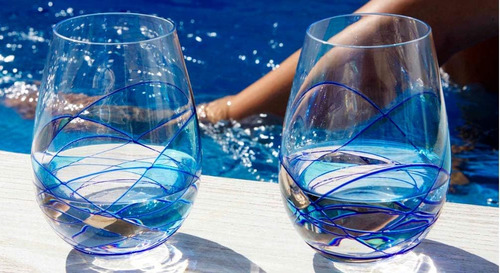 Antoni Stemless Wine Glass Lujo Línea Azul De Barcelon...