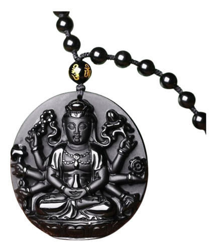 01 Colar Obsidiana Negra Unissex Buda Guanyin Yin Yang